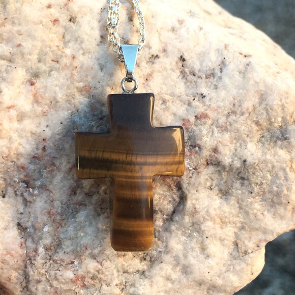 Natural Tiger's Eye Cross Pendant - Picture 5 of 11